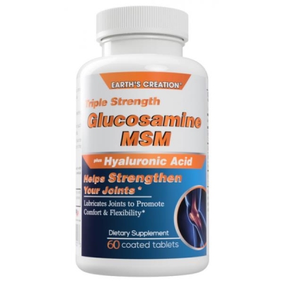 Глюкозамин, МСМ + Гиалуроновая кислота Earth's Creation Glucosamine, MSM+Hyaluronic Acid (1500/1500/3 мг), 60 таблеток