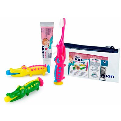 Набор для путешествий Kin Fluor Infantil детская зубная щетка-крокодил + паста, 25 мл
