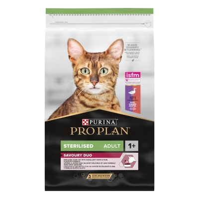 Корм сухой для стерилизованных кошек и кастрированных котов Purina Pro Plan Sterilised 1+ с уткой и печенью, 10 кг