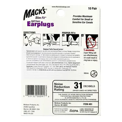 Беруші вкладки вушні MACK`S Safe Sound Slim Fit Junior 91 пенопропіленові, фіолетові, 10 пар