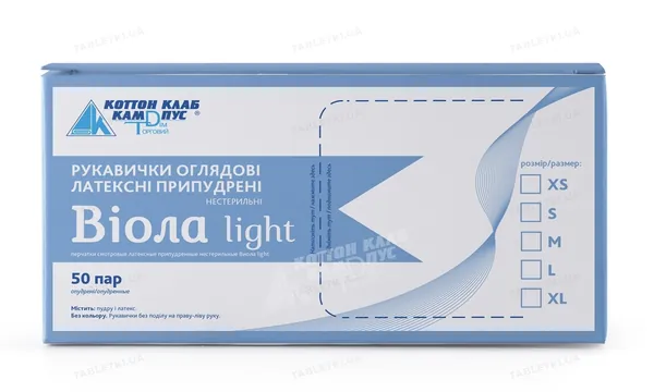 Рукавички оглядові Віола Light латексні з пудрою, нестерильні, розмір L, пара