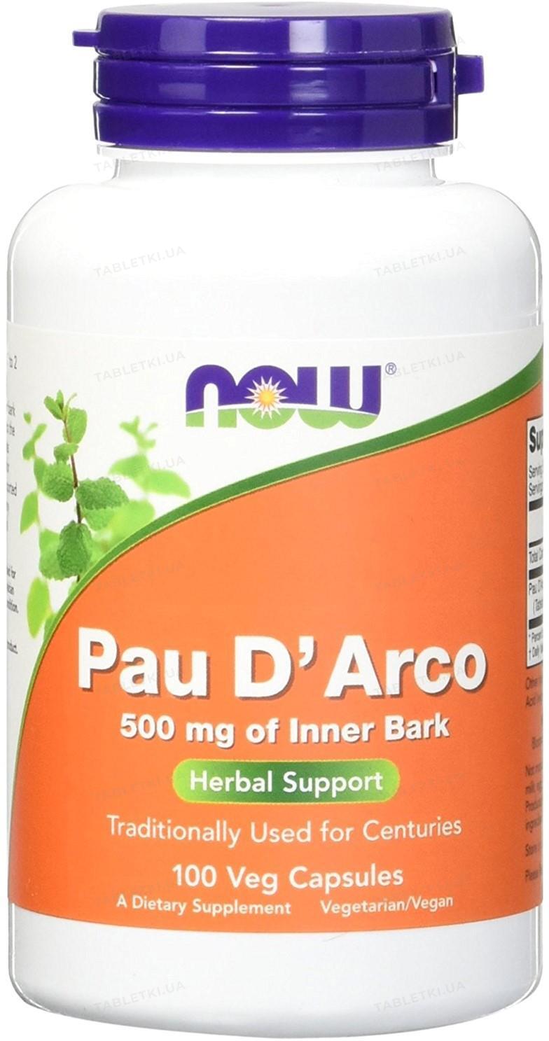 Пау Д'арко Now Pau D'Arco 500 мг, кора муравьиного дерева, 100 капсул ...