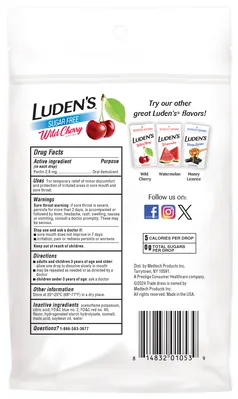 Luden's льодяники з пектином, заспокійливі для горла та порожнини рота, зі смаком дикої вишні, без цукру №25