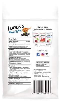 Luden's льодяники з ментолом, анестезуючі для горла та порожнини рота, зі смаком меду та лакриці №30