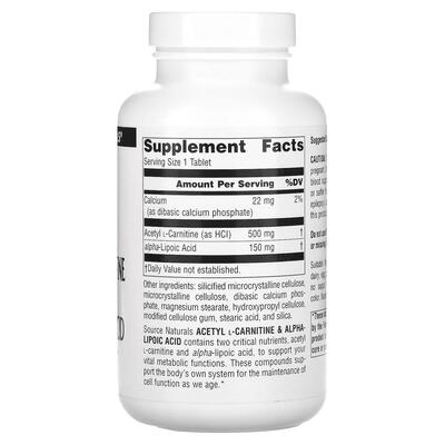 Ацетил карнітин + Альфа-ліпоєва кислота Source Naturals Acetyl L-Carnitine & Alpha-Lipoic Acid 650 мг, 120 таблеток