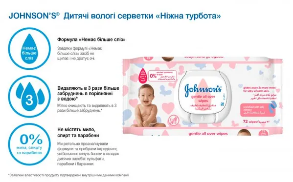 Серветки вологі Johnson's Baby Ніжна турбота дитячі, 72 шт
