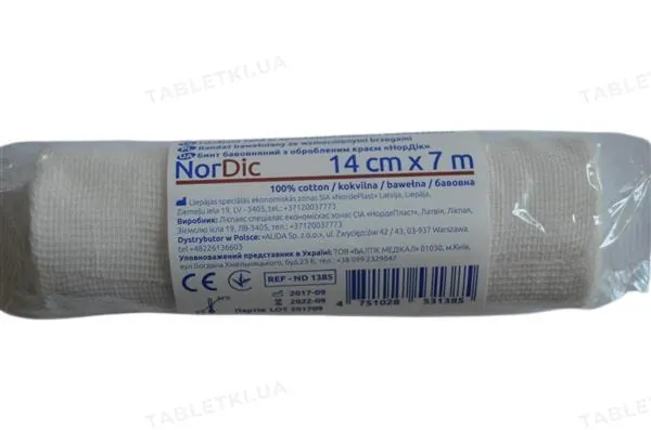 Бинт бавовняний Nordeplast NorDic з обробленим краєм 7 м х 14 см