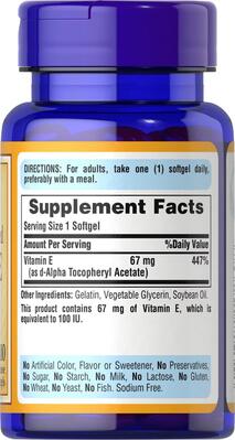 Витамин Е Puritan's Pride Natural Vitamin E 67 мг (100 МЕ) 100% натурального происхождения, 100 гелевых капсул