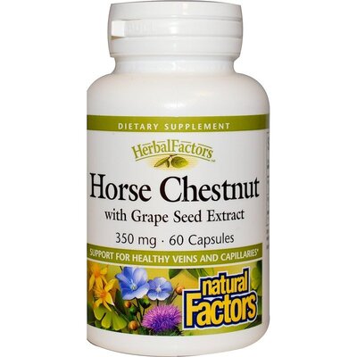 Экстракт конского каштана и виноградных косточек Natural Factors HerbalFactors Horse Chestnut with Grape Seed 350 мг, 60 капсул