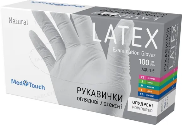 Рукавички оглядові MedTouch латексні з пудрою нестерильні, розмір M, білі, 100 штук
